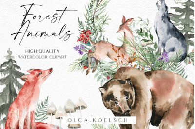 Watercolor forest animals clipart, Cute animals clipart, Woodland png