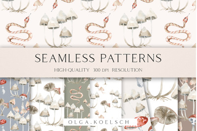 Mushroom seamless pattern for fabric, Watercolor woodland seamless