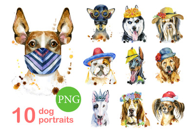 10 watercolor dog portraits. Set 13