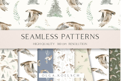 Woodland seamless pattern fabric, Watercolor forest birds seamless