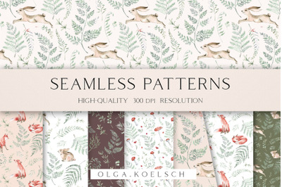 Woodland seamless pattern for fabric, Watercolor forest animals patter