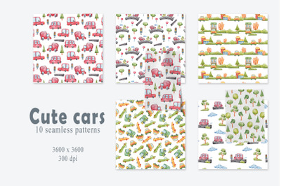 Watercolor kids cars seamless patterns- 10 seamless files