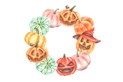 Halloween pumpkins watercolor wreath. Halloween invitation card. Fall