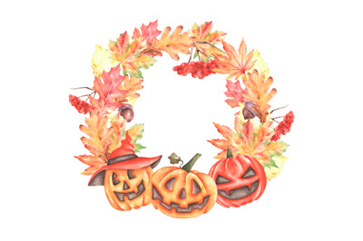 Halloween pumpkins watercolor wreath. Leaf fall. Thanksgiving