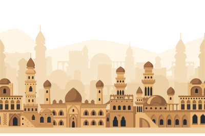 Arabic city traditional mosque buildings silhouettes panorama view. Is