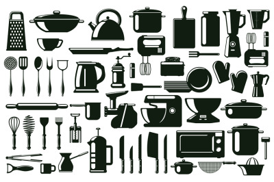 Kitchen cutlery&2C; utensil and cooking tools silhouette elements. Tablew