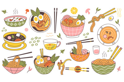 Doodle ramen noodles traditional asian food bowls. Japanese cuisine no