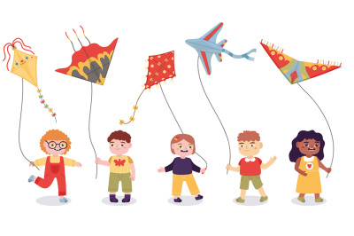 Cartoon kids playing with paper flying kites toys. Boys and girls summ