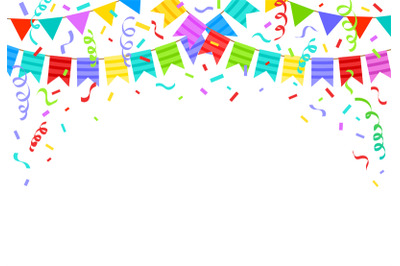 Birthday bunting flags, ribbons and confetti festive background. Carto