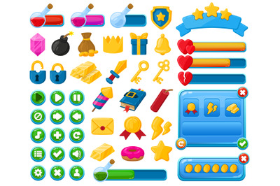 Cartoon mobile game user interface kit elements. Casual game interface