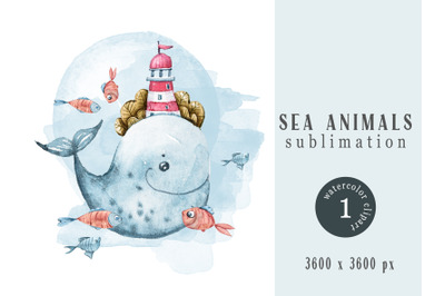 Watercolor nautical whale sublimation- 1png file