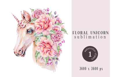 Watercolor floral unicorn sublimation / clipart- 1 png file