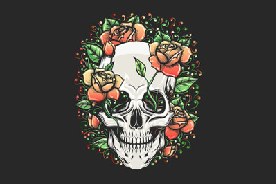 Skull with Rose Branch Tattoo