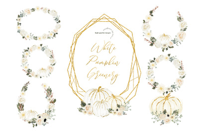 Gold Frame White Pumpkin clipart, Watercolor Greenery Fall Pumpkin,