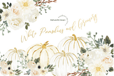 White Pumpkin Greenery Clipart&2C;  Fall Pumpkin watercolor