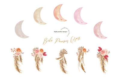 Modern Boho Pampas Grass, Whimsical Moon clipart, Pink Flowers