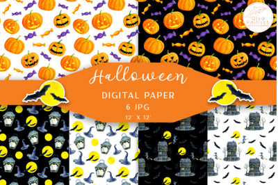 Happy Halloween Digital Paper. Watercolor Seamless Patterns