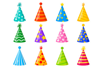 Cartoon Happy Birthday party celebration cone decorated hats. Birthday