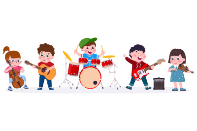 Cartoon kids music band playing musical instruments. Children singing,