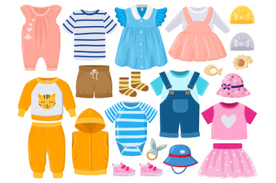 Cartoon baby kids girl and boy clothes, hats, shoes. Childrens fashion