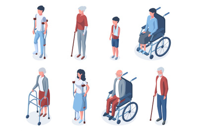 Isometric traumatised disabled elderly and young people. Humans on cru