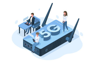 Isometric 5g mobile internet network connection concept. Office people