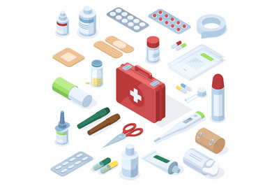 Isometric medical pharmacy first aid kit equipment. Medical equipment&2C;