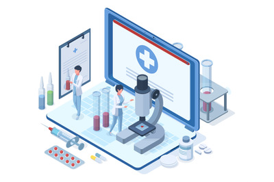 Isometric online medical healthcare concept. Pharmacy research&2C; medica