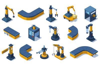 Isometric industry technologies robot arms and factory machines. Indus