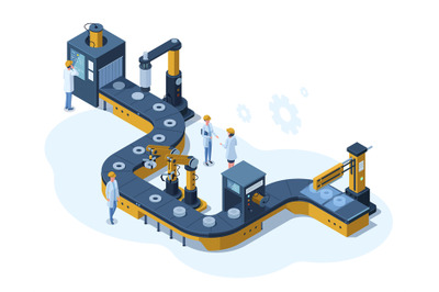 Isometric factory automated mechanised conveyor line. Industrial autom