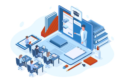 Isometric online webinar training e-learning people concept. Online we