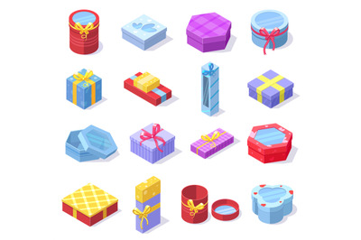 Isometric party celebration gift 3d cardboard boxes. Holidays gift box