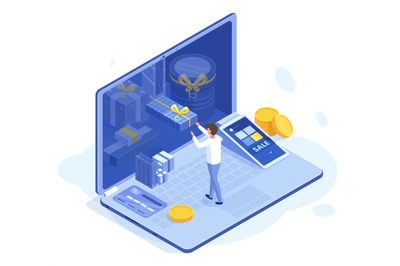 Isometric clients bonus loyalty 3d store program. Online store custome