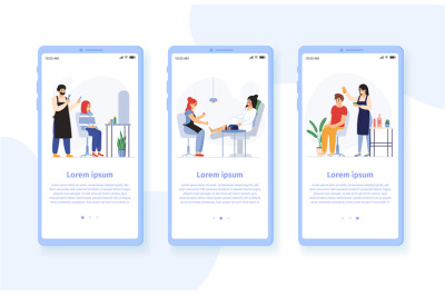 Hairdresser barbers vector mobile app set. Beauty salon for man and wo