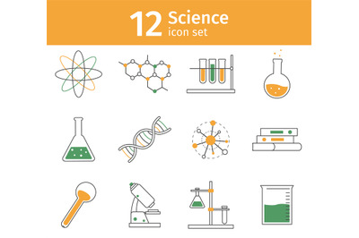 Line science icon set. Chemistry lab equipment as glassware. Molecule