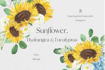 Sunflower, Hydrangea &amp; Eucalyptus 8 Watercolor Bouquets PNG