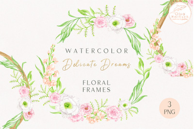 Watercolor Floral Wreaths. Wood &amp; Flowers Wedding Frame PNG