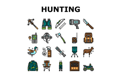 Hunting Shop Selling Collection Icons Set Vector