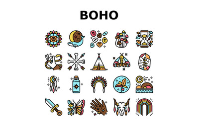 Boho Style Decoration Collection Icons Set Vector