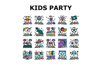 Kids Birthday Party Collection Icons Set Vector