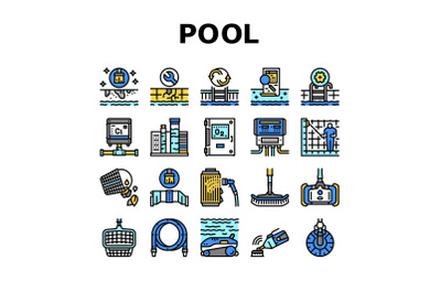 Pool Cleaning Service Collection Icons Set Vector