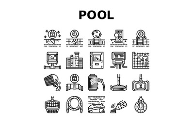 Pool Cleaning Service Collection Icons Set Vector