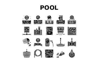 Pool Cleaning Service Collection Icons Set Vector