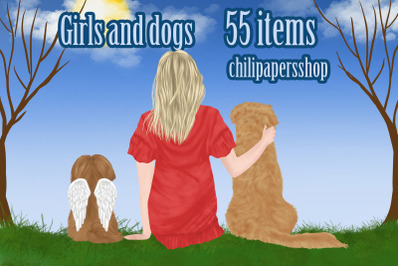 Girls and dogs clipart,Dog lover gift, Best friends clipart