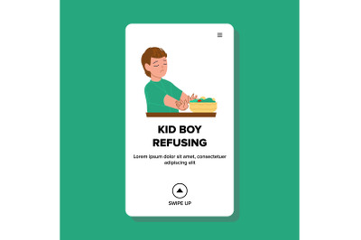 Kid Boy Refusing Vegetarian Salad Food Vector