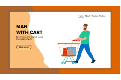 Man With Cart Shopping In Grocery Market Vector