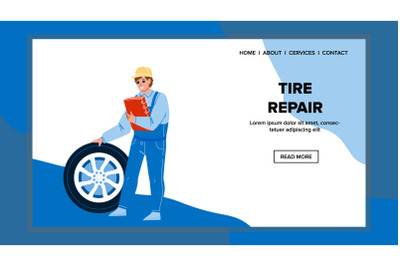 Tire Repair Worker Checking And Fix Wheel Vector