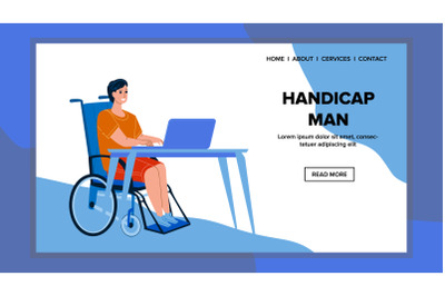 Handicap Man Working On Laptop At Table Vector