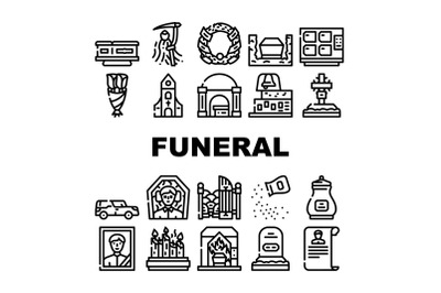 Funeral Dead Ceremony Collection Icons Set Vector