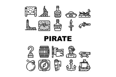 Pirate Sea Robber Collection Icons Set Vector